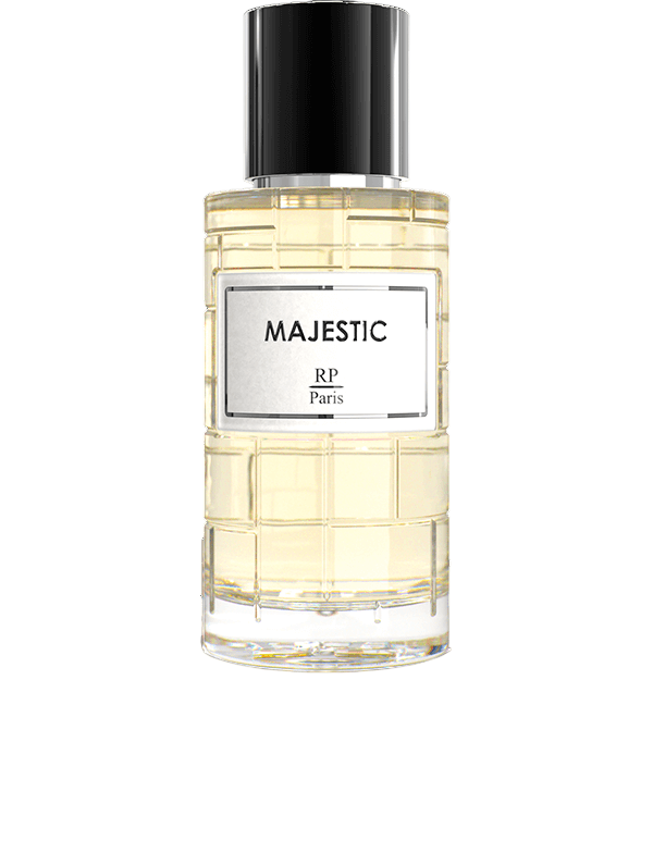 Flacon de parfum Majestic RP Paris 50 ML, symphonie de muguet, fruits et bois exotiques pour une expérience olfactive luxueuse.
