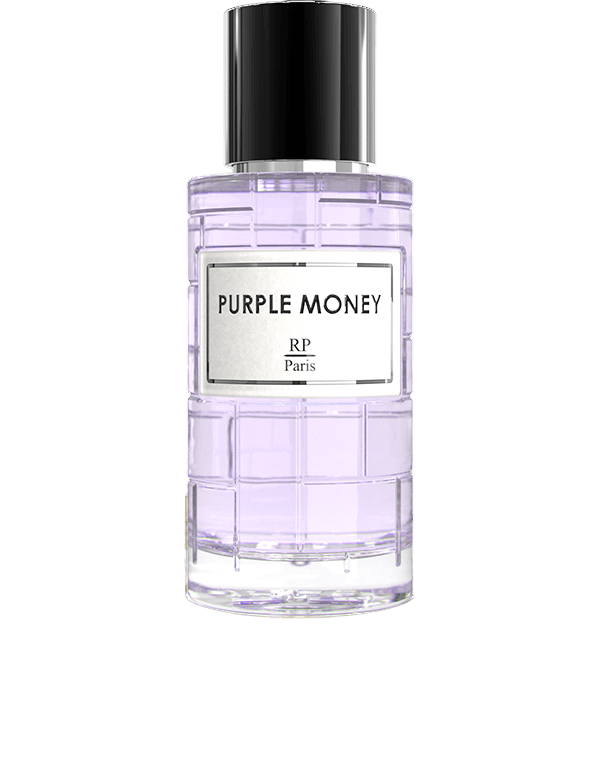 Flacon de parfum Purple Money RP Paris 50 ML, symbole d'opulence et d'élégance, aux notes florales et boisées.
